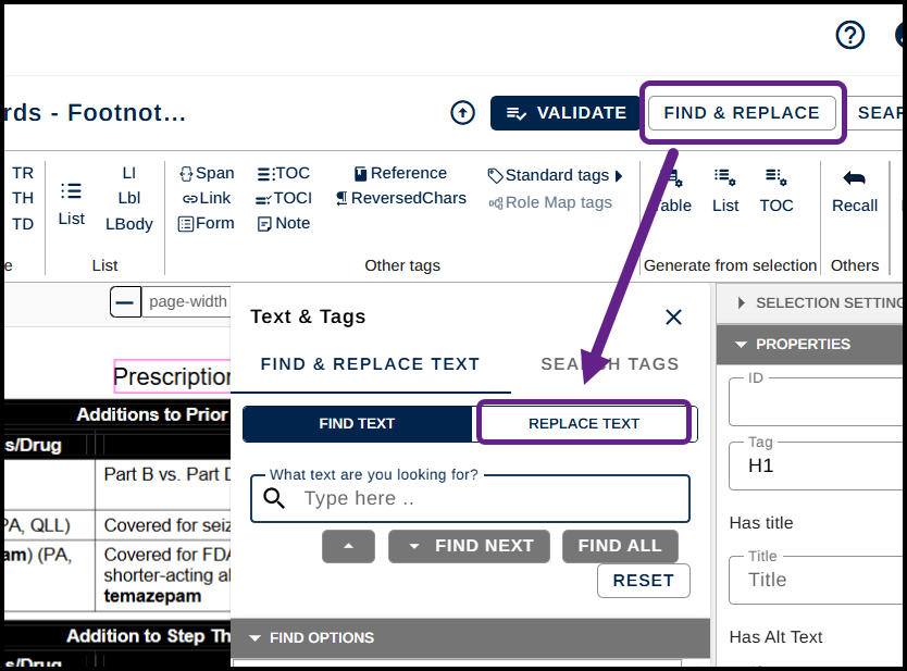 The Find and Replace panel in CommonLook.  The tab for "Replace by alt text" is highlighted.  
