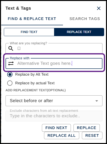 The "Replace with" text field is highlighted in the Find and Replace panel in CommonLook.  