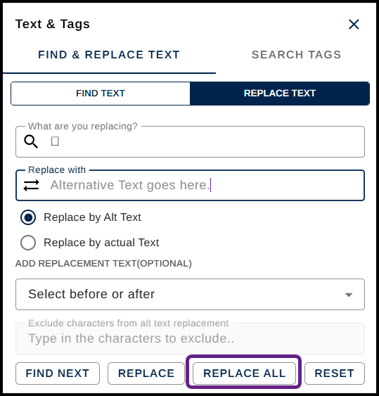 The "Replace All" button is highlighted in the Find and Replace panel in CommonLook.  