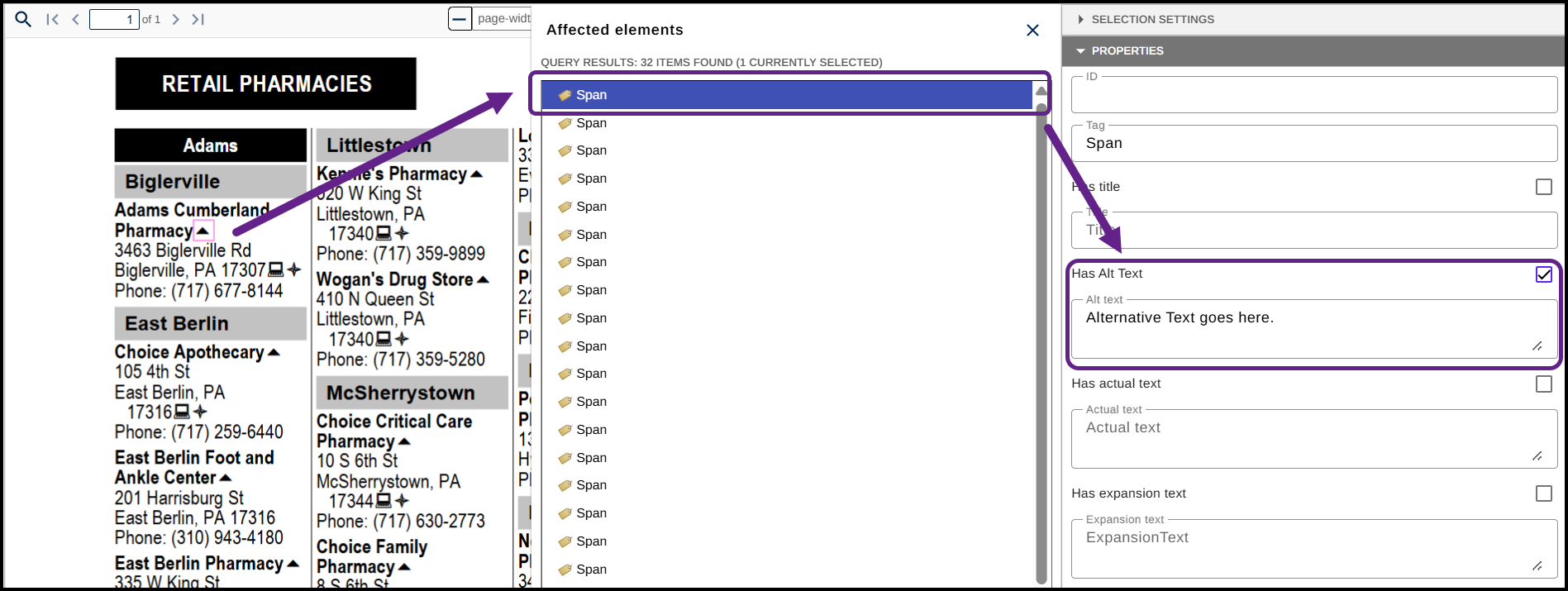 The Affected Elements panel is open, a Span tag is selected, and that Span tag's alternative text is highlighted.  
