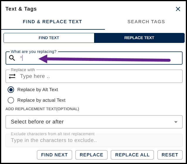 Screenshot of the Find and Replace panel with an asterisk typed into the Find What field.