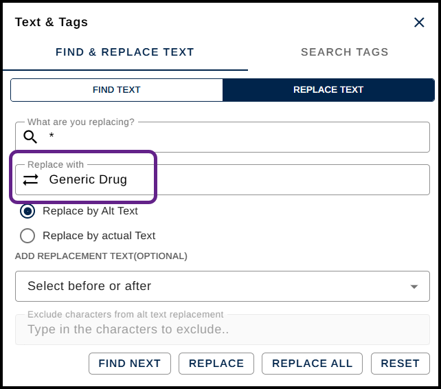 Screenshot of the Find and Replace panel with the text "Generic Drug" entered in the "Replace with" field.  