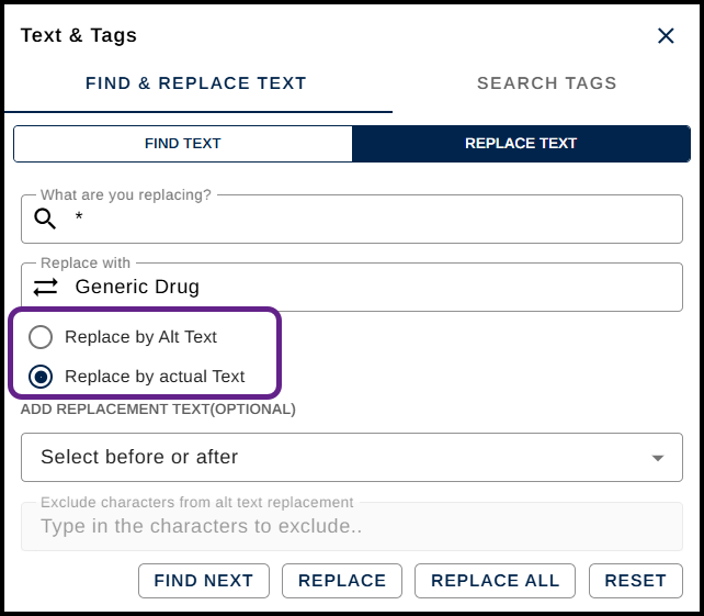 Screenshot of the Find and Replace panel with the Replace by alt-text and Replace by actual-text radio buttons highlighted.  The option to replace by actual text has been selected.  