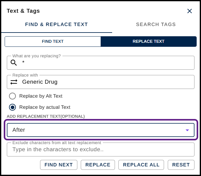 Screenshot of the Find and Replace panel in CommonLook with the checkbox highlighted and checked to "add the replacement text to the find text." 