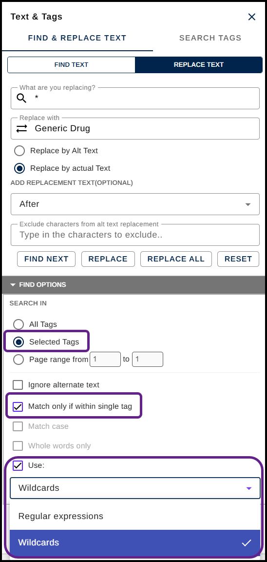 Screenshot of the Find Options section of the Find and Replace panel. The radio button for Selected Tags is chosen as are the checkboxes for Match only if within a single tag and Use.  The dropdown menu to choose Wildcards is also expanded.  