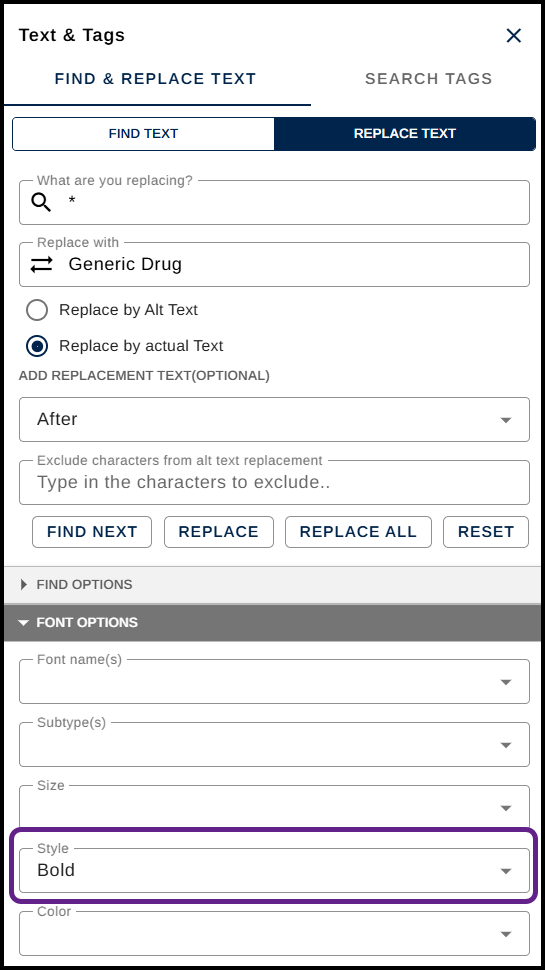 Screenshot of the Font Options section in the Find and Replace panel.  The Style checkbox is checked and Bold has been selected from the dropdown menu.  