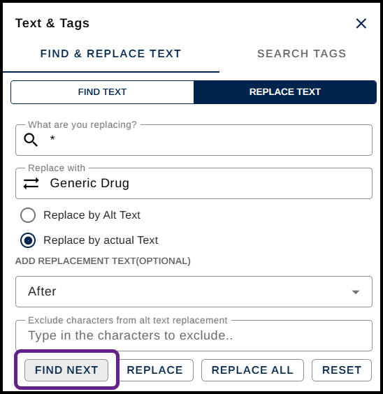 Screenshot showing the Find Next button highlighted in the Find and Replace panel. 