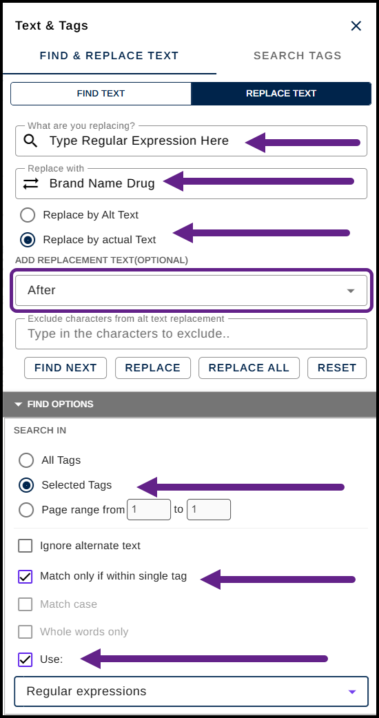 Screenshot of the Find and Replace panel with the parameters set, as outlined above, to search using Regular Expressions. 