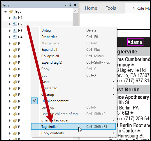 An H2 tag is selected, the context menu is open, and the option to Tag similar is highlighted.  