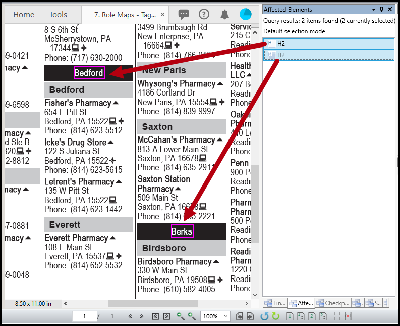 Tag Similar has been run and the Affected Elements panel is open, displaying a list of H2 tags. The corresponding text is highlighted in the physical view.