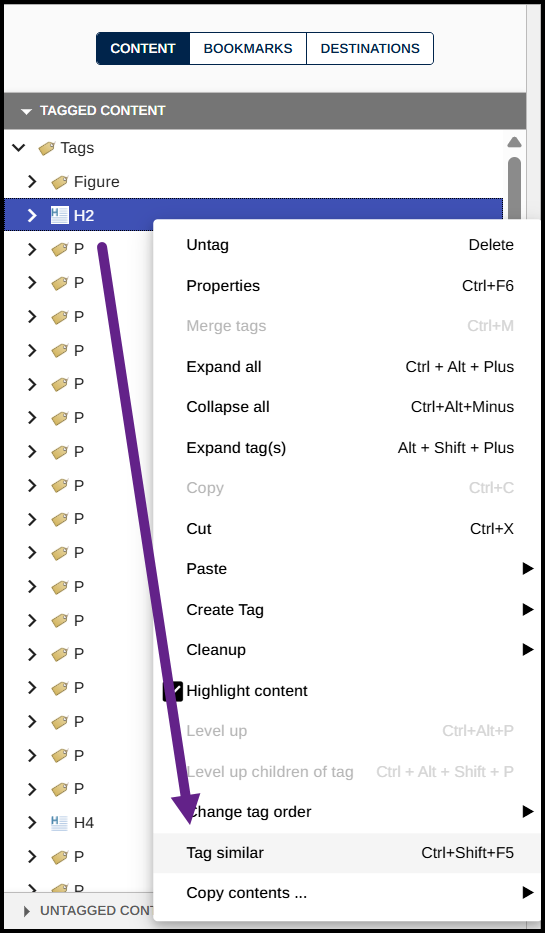 An H2 tag is selected, the context menu is open, and the option to Tag similar is highlighted.