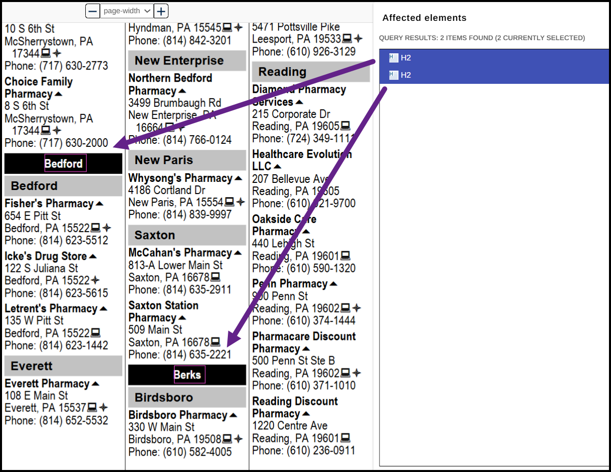 Tag Similar has been run and the Affected Elements panel is open, displaying a list of H2 tags. The corresponding text is highlighted in the physical view.