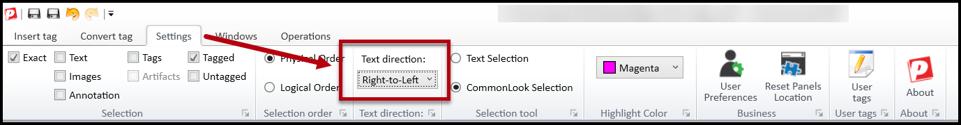 The Text Direction option is highlighted in the ribbon on the Settings tab in CommonLook PDF and "Right-to-Left" is selected. 