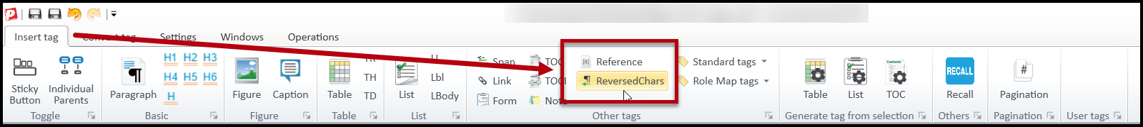 The ReversedChars button is highlighted in the ribbon on the Insert Tag tab. 