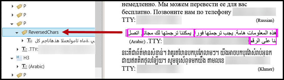 Screenshot of the Tags tree with the Arabic text in a ReversedChars tag.  The ReversedChars tag is properly nested in a Paragraph tag. 