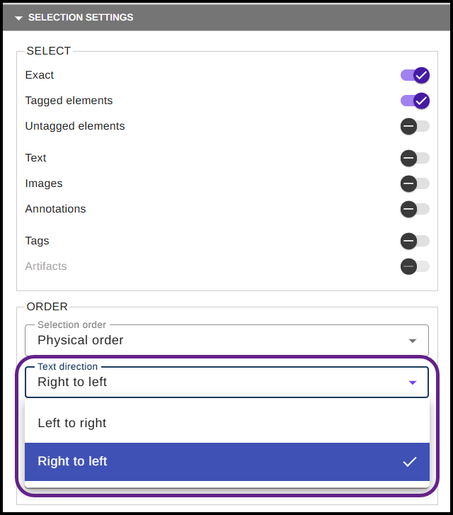 The Text Direction option is highlighted in the ribbon on the Settings tab in CommonLook PDF and "Right-to-Left" is selected.