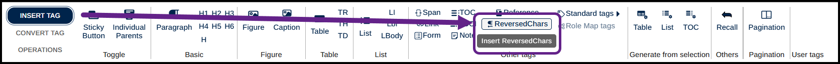 The ReversedChars button is highlighted in the ribbon on the Insert Tag tab.