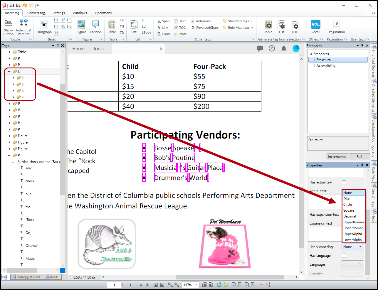 A List tag is selected in the Tags tree and the ListNumbering options are displayed in the Properties panel.