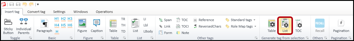 The Insert tag tab in the ribbon with the button highlighted to automatically generate a list from the selection.  
