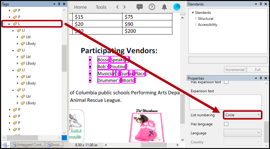 The List tag is selected in the Tags tree and the Properties panel is highlighted.  