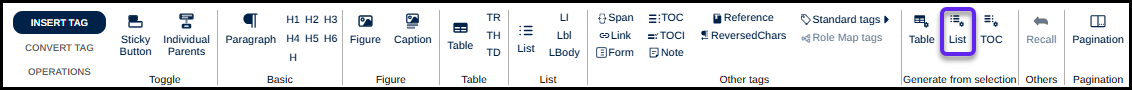 The Insert tag tab in the ribbon with the button highlighted to automatically generate a list from the selection.