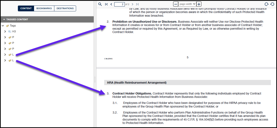 Screenshot showing two List tags in the Tags tree but, in the physical view, there is only one list going across the page break. At the end of the first page, the list item number 2 can be seen and then the list continues on the next page with number 3.