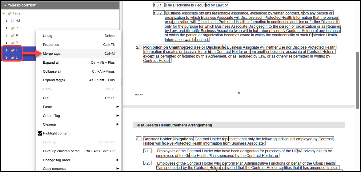 The two List tags are selected, the context menu is open, and the option to Merge tags is highlighted.