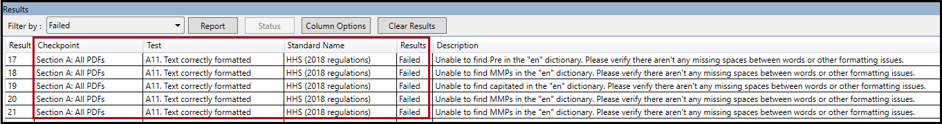 Screenshot of Result panel showing Failed HHS (2018) A11. text correctly formatted failures..