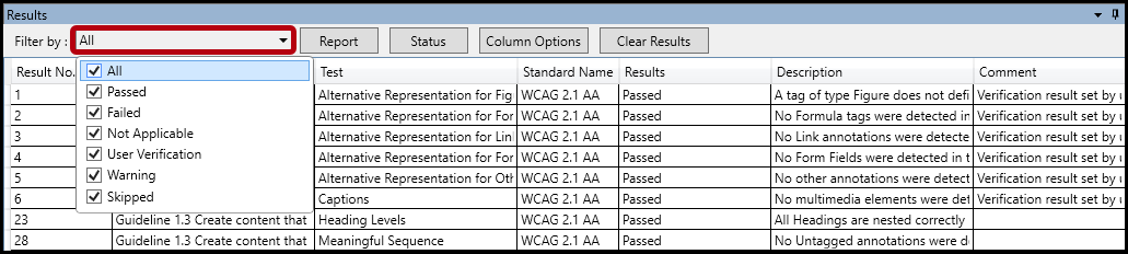 The "Filter by" menu is open and the "All" checkbox is selected.