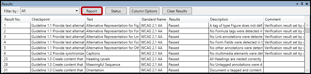 The Report button is highlighted in the Results panel.