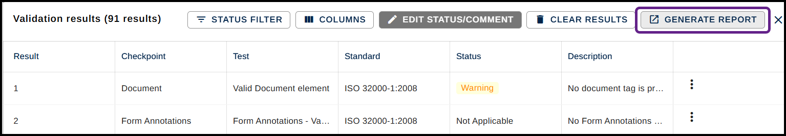 The Report button is highlighted in the Results panel.