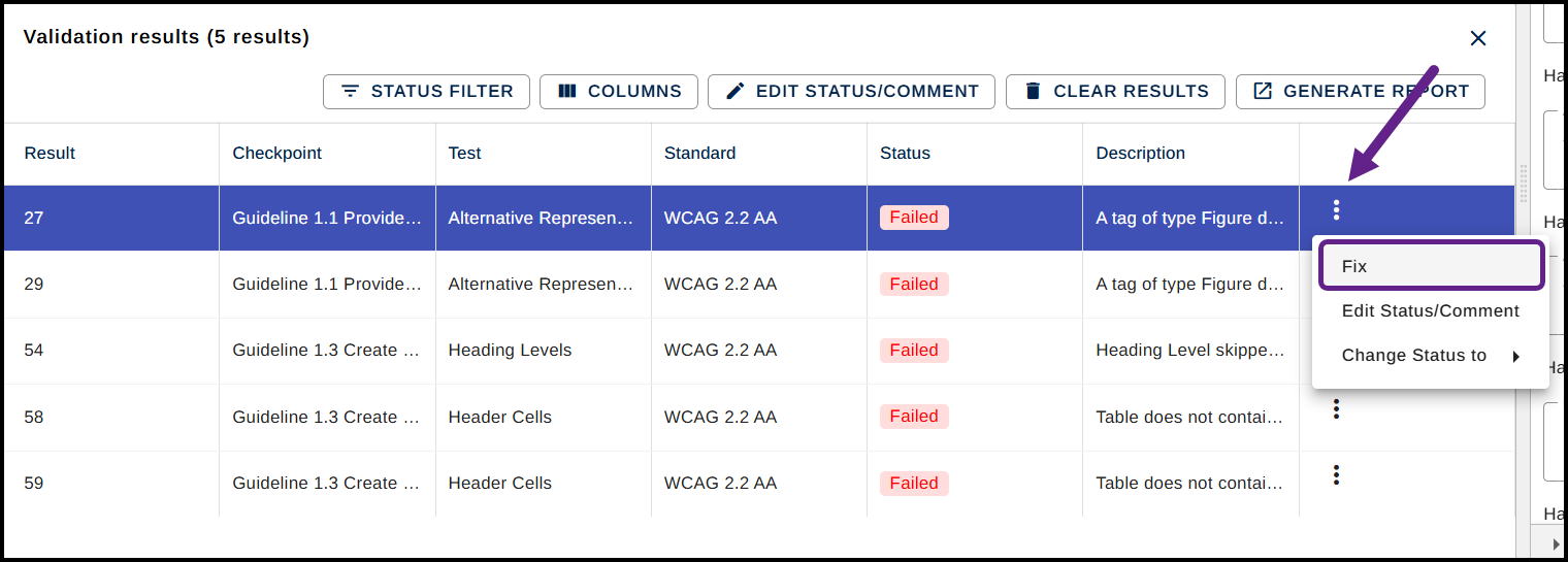 screen-shot showing the three-dot menu opened and Fix selected.