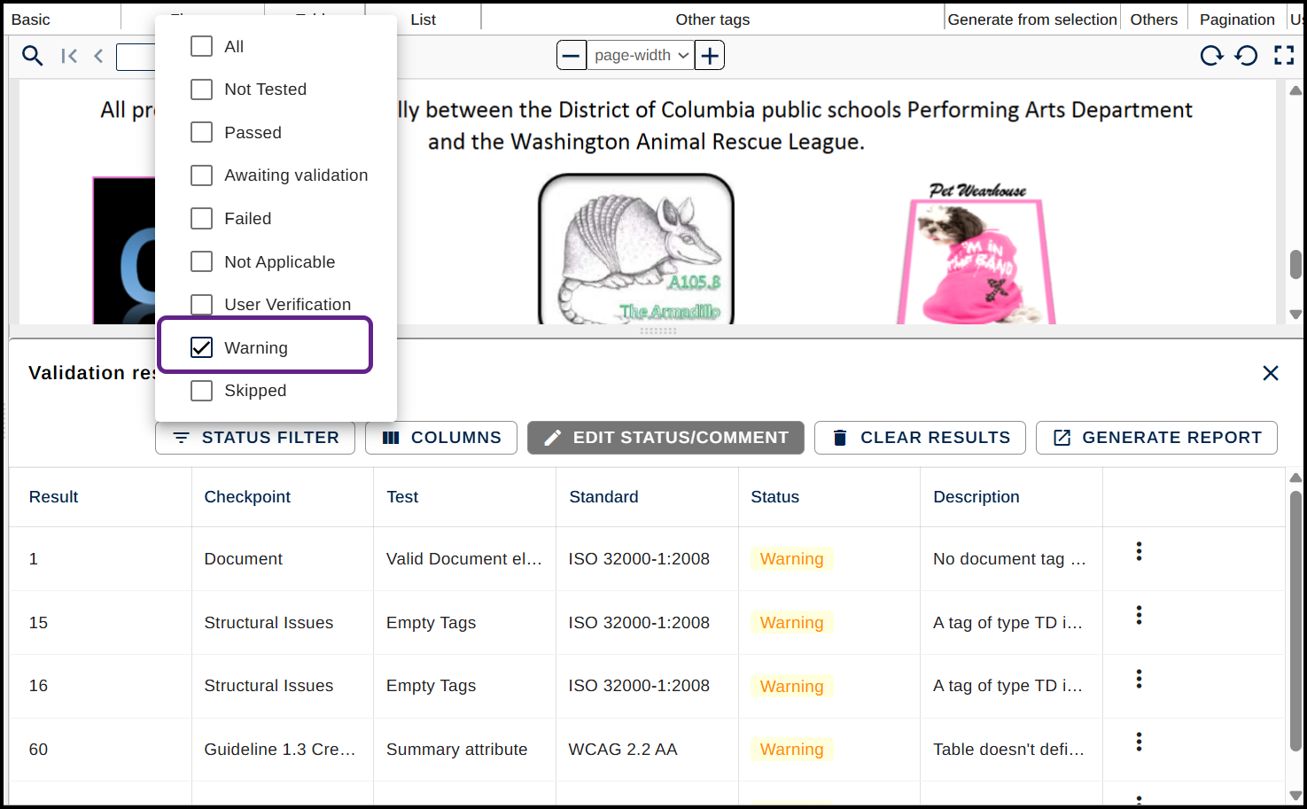 The Results panel is open and the "Filter by" menu is expanded.  The Warning checkbox is checked.