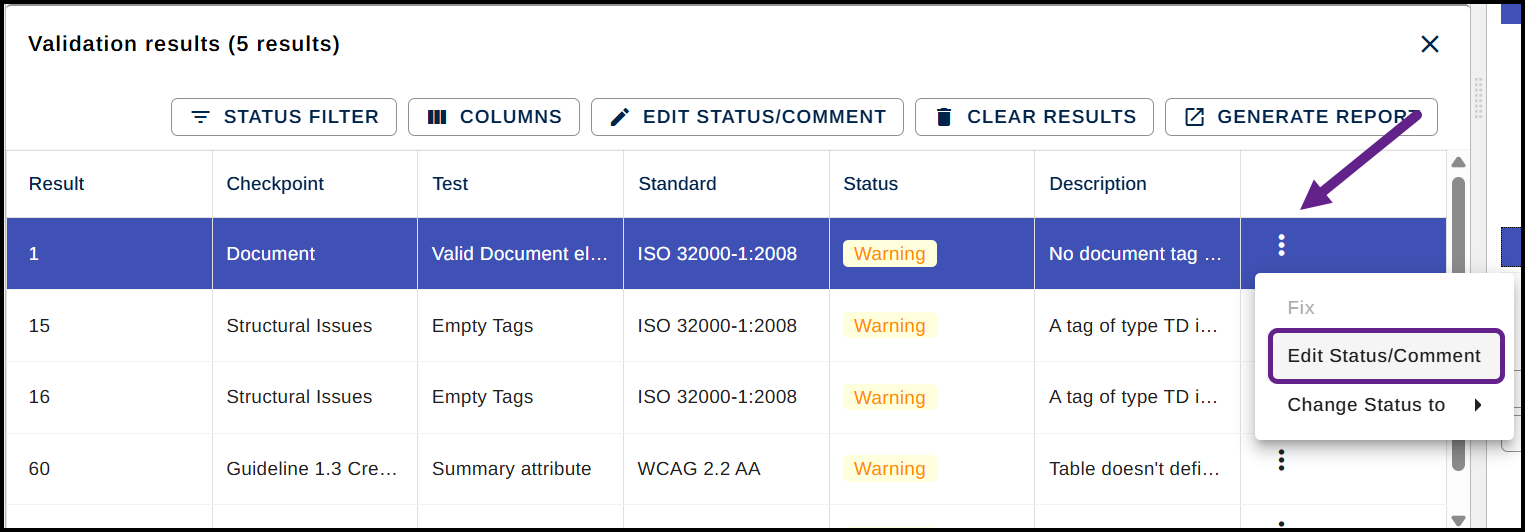 A Failed item is selected in the Results panel and the Status option in the context menu is highlighted.  