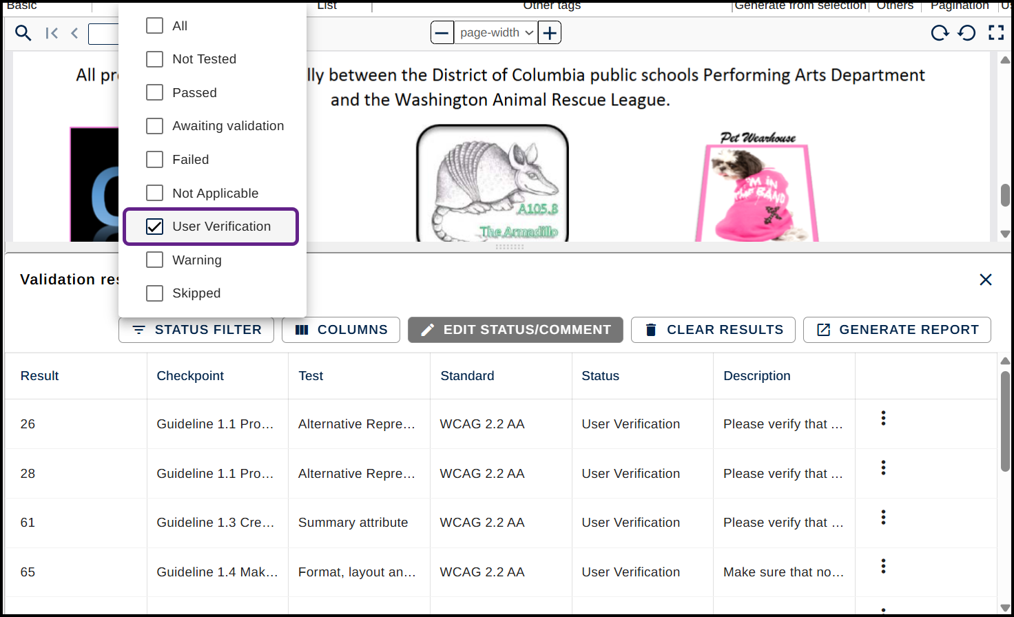 The Results panel is open and the "Filter by" menu is expanded.  The User Verification checkbox is checked.