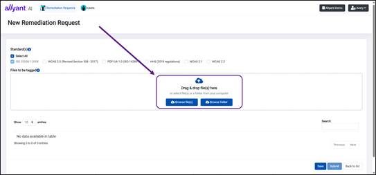 screenshot of how to either drag and drop or upload files or folders for remedaition