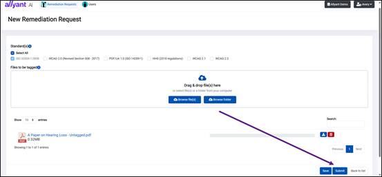 Screenshot of the submit button highlighted on the new remediation request screen. 