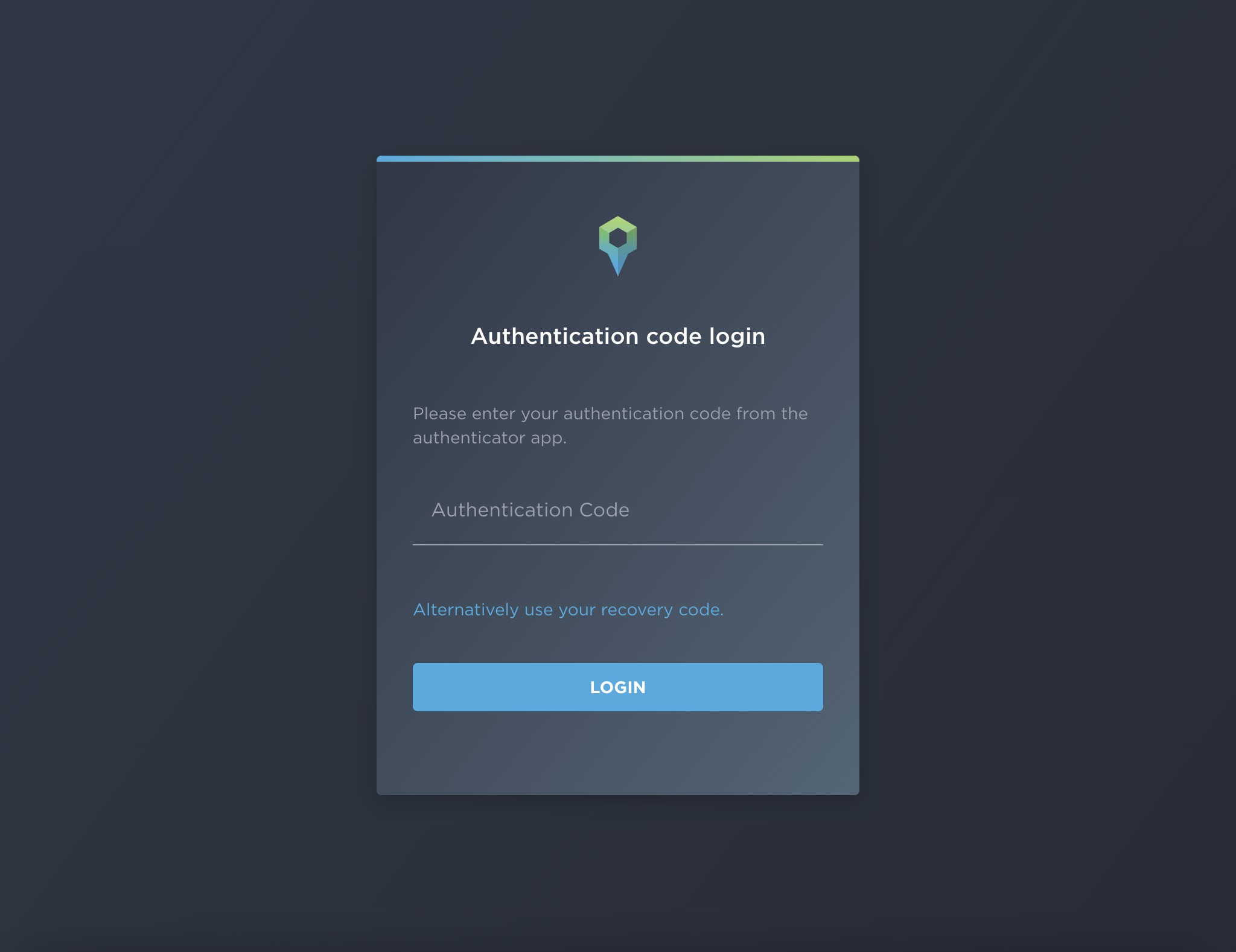 A screenshot which shows the login screen requesting an authentication code