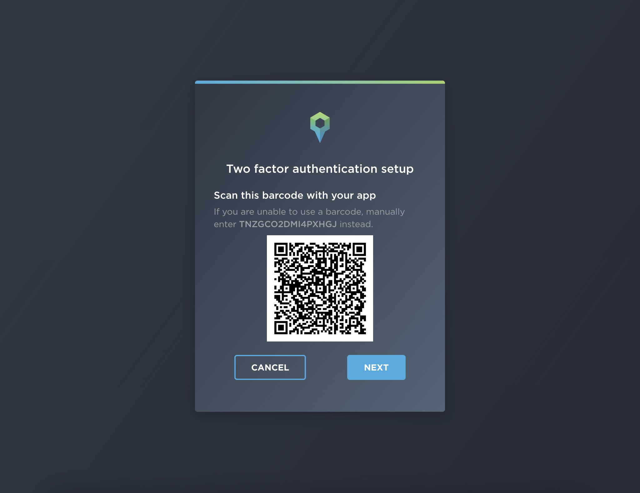 A screenshot which shows the barcode you will need to scan to set up two-factor authentication