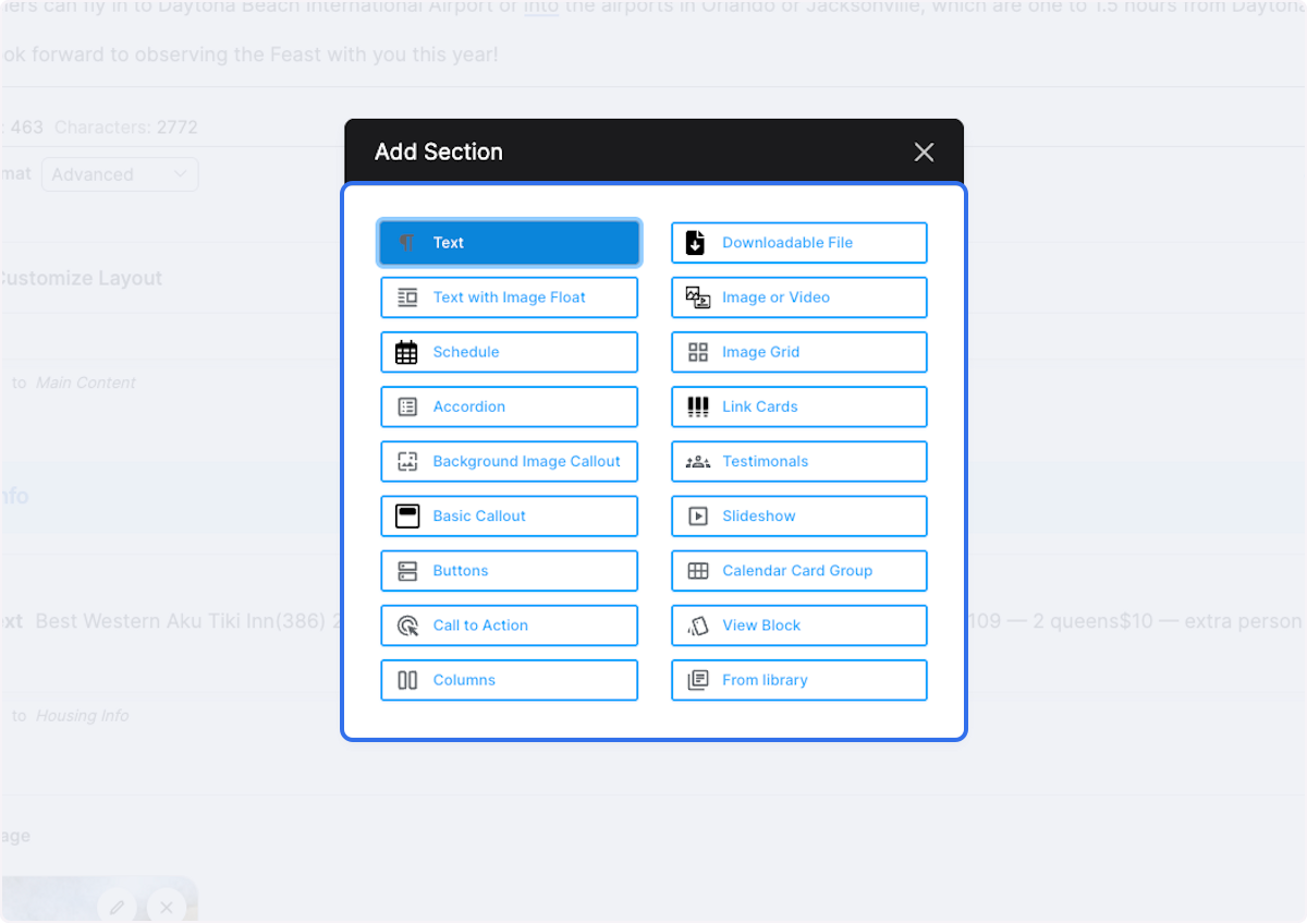 Select the type of section element you want.