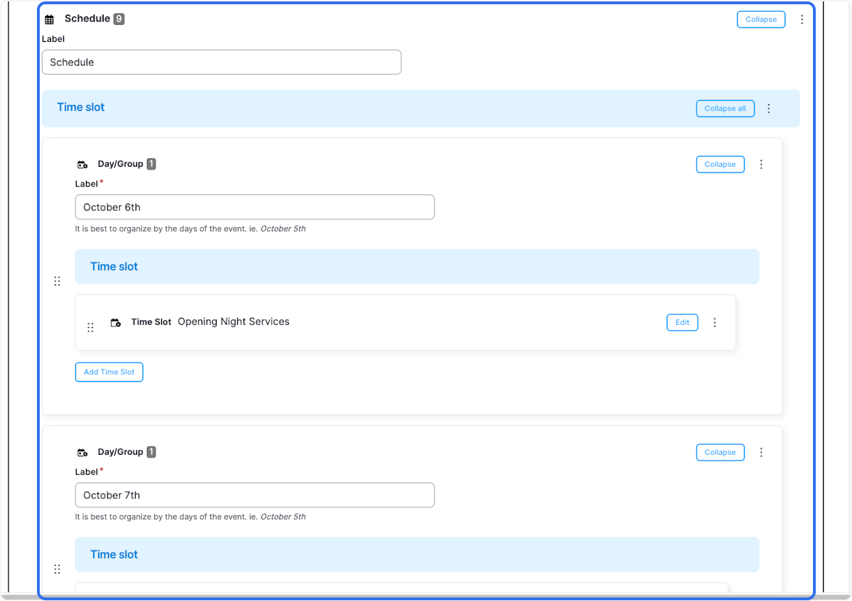 Click on Schedule… you can not edit your version of the schedule for your Feast site. You can add additional time slots and Days.