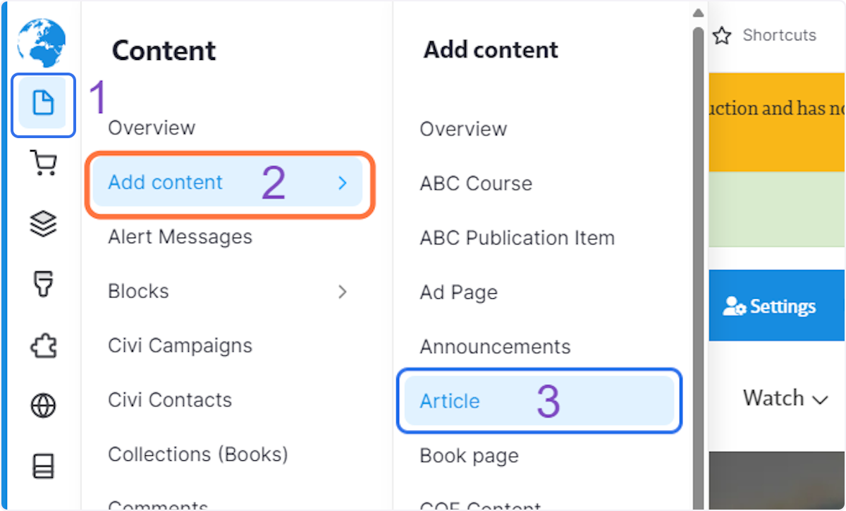 Click on the "Page" icon, then Add content, then Article