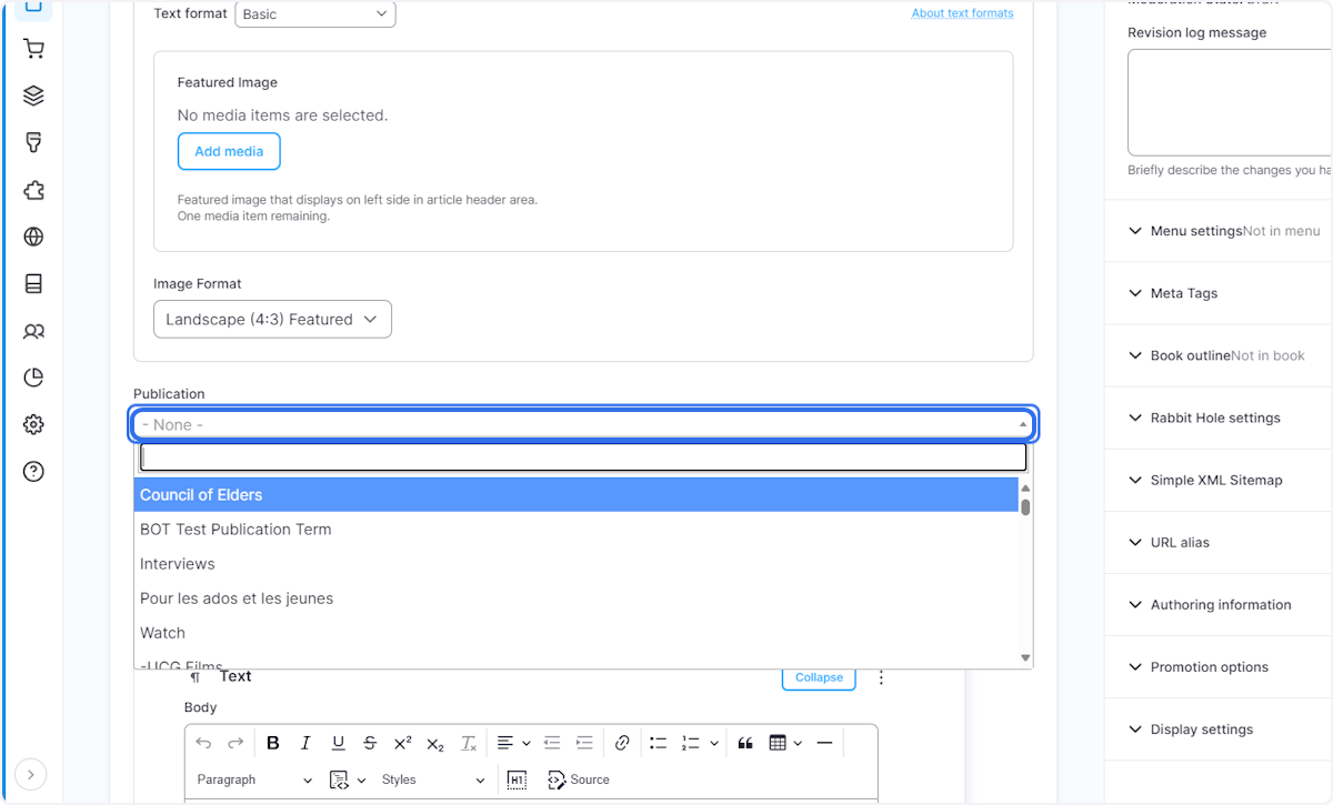 If applicable, choose the Publication the article is a part of.