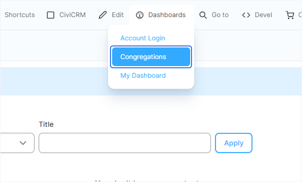 Click on Congregations after hovering the mouse over Dashboards.