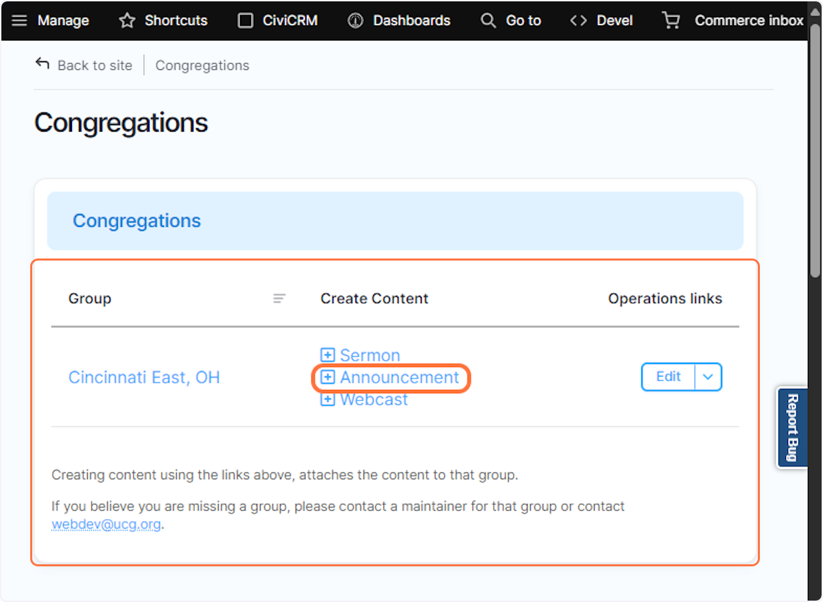 Click on Announcement in the Congregation Group