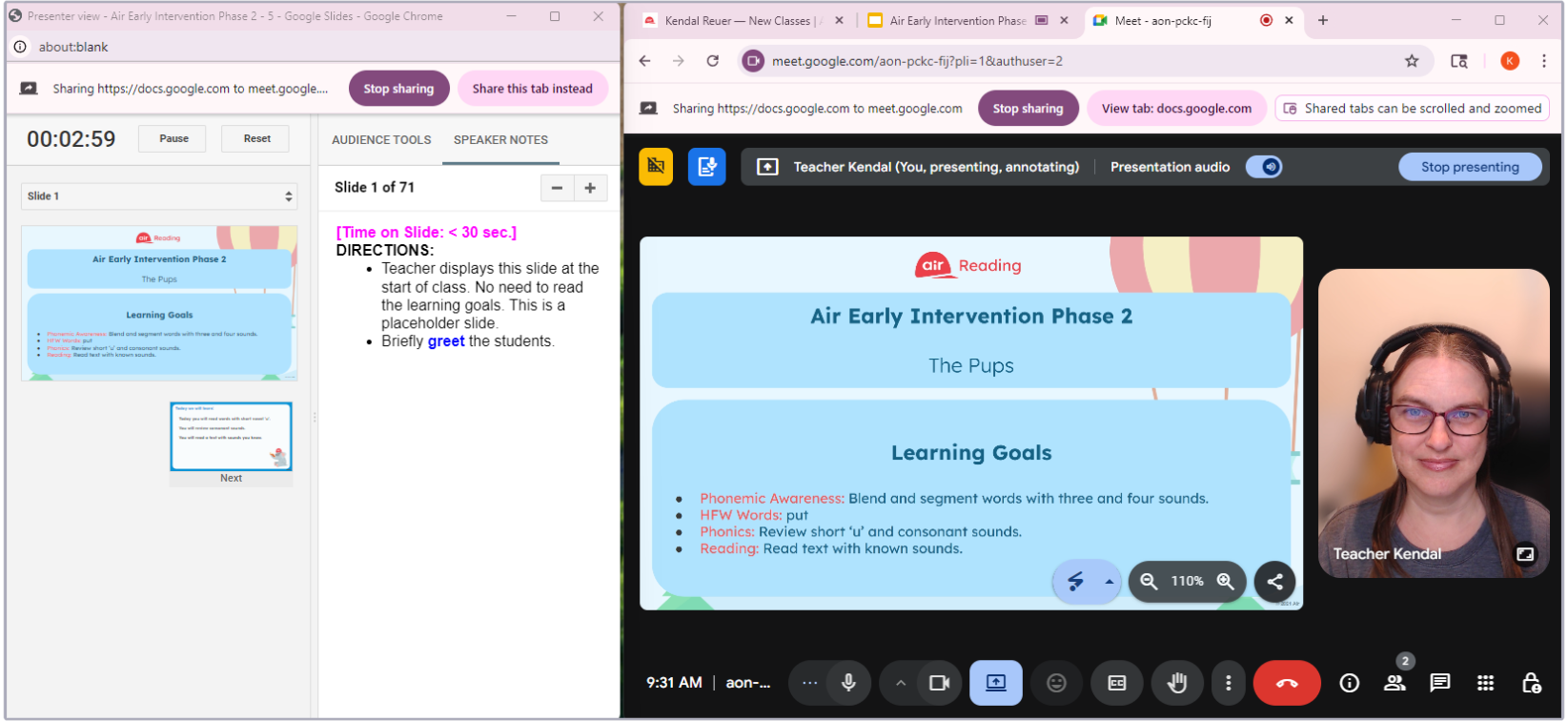 Screenshot of how your monitor would look with a Google Meet class set up to teach.