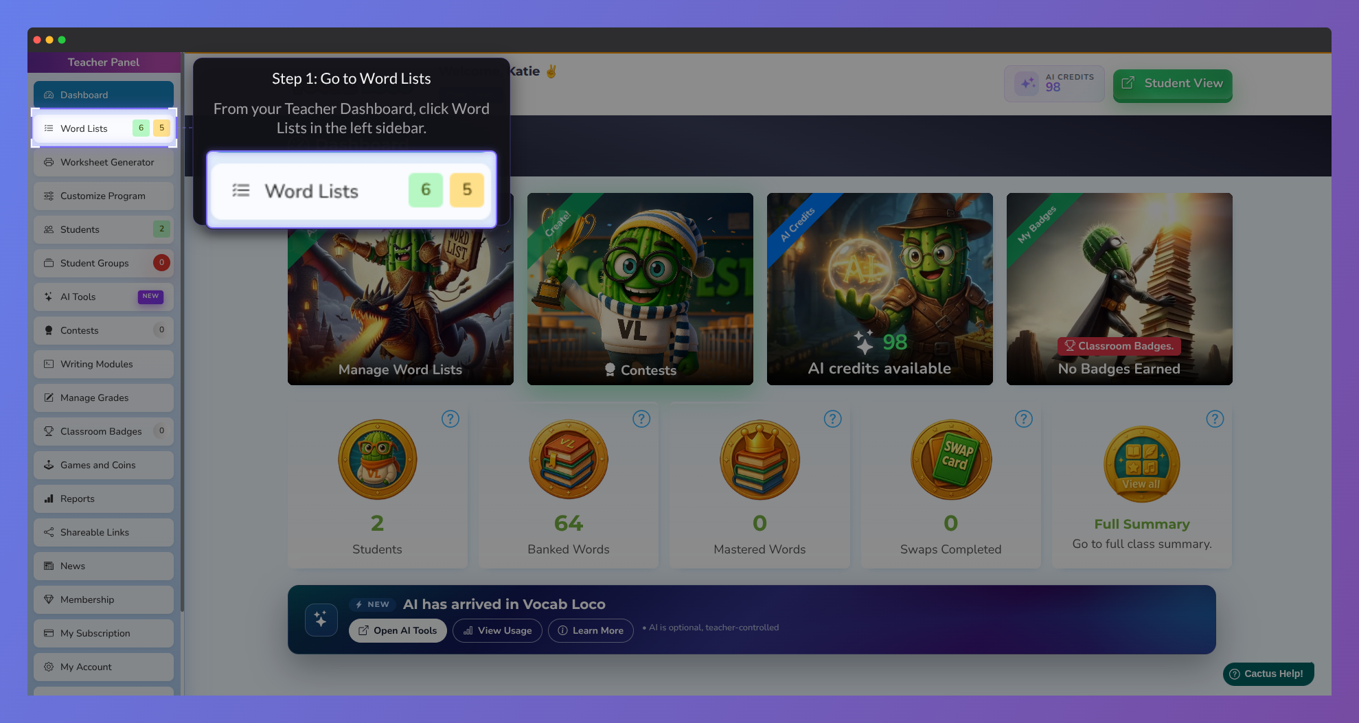 Screenshot of the Vocab Loco Teacher Dashboard highlighting the Word Lists menu in the left sidebar during Step 1 of the setup process.