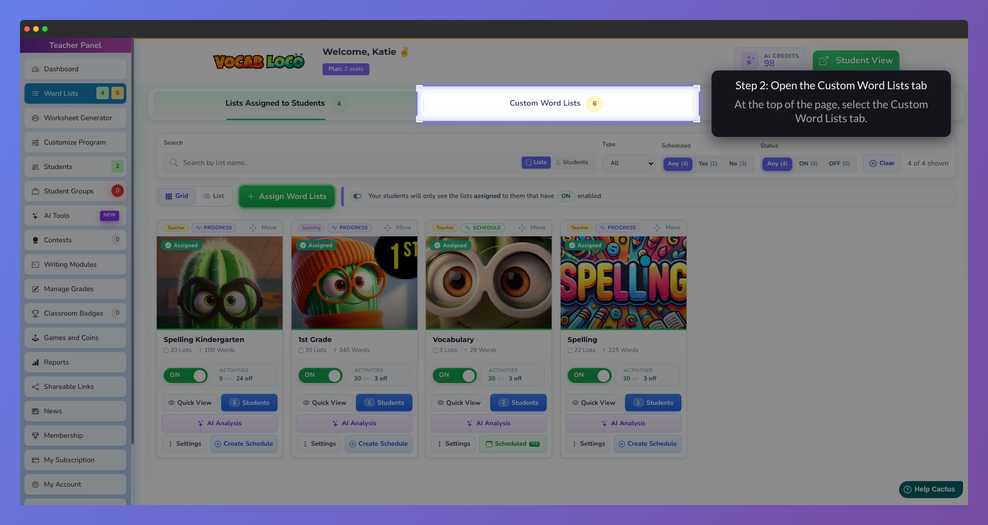 Screenshot of the Vocab Loco Word Lists page highlighting the Custom Word Lists tab at the top of the screen during Step 2 of the setup process.
