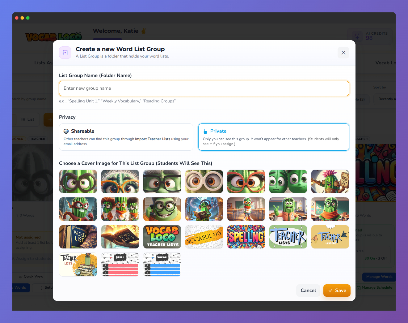 Screenshot of the Create a New Word List Group modal in Vocab Loco showing fields for the group name, privacy settings, and cover image selection.