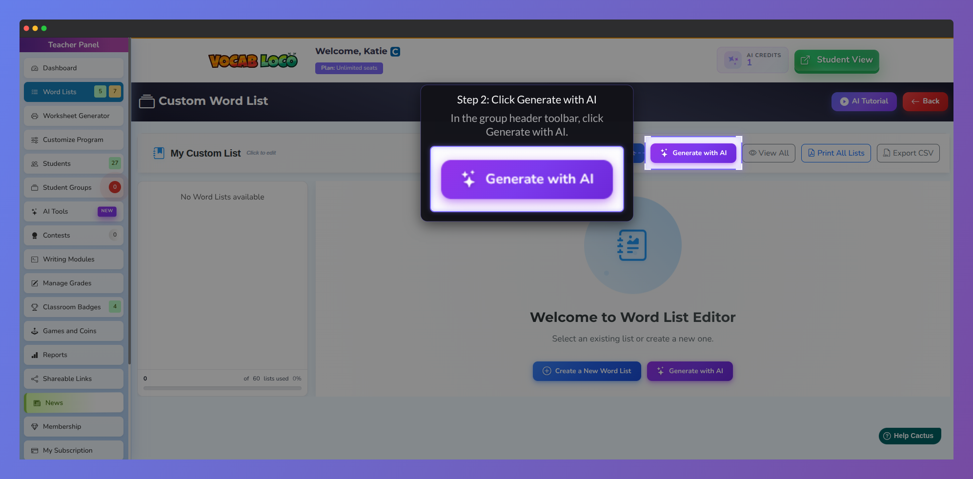 Screenshot of the Vocab Loco Custom Word List editor highlighting the Generate with AI button in the group toolbar during the AI word list creation process.